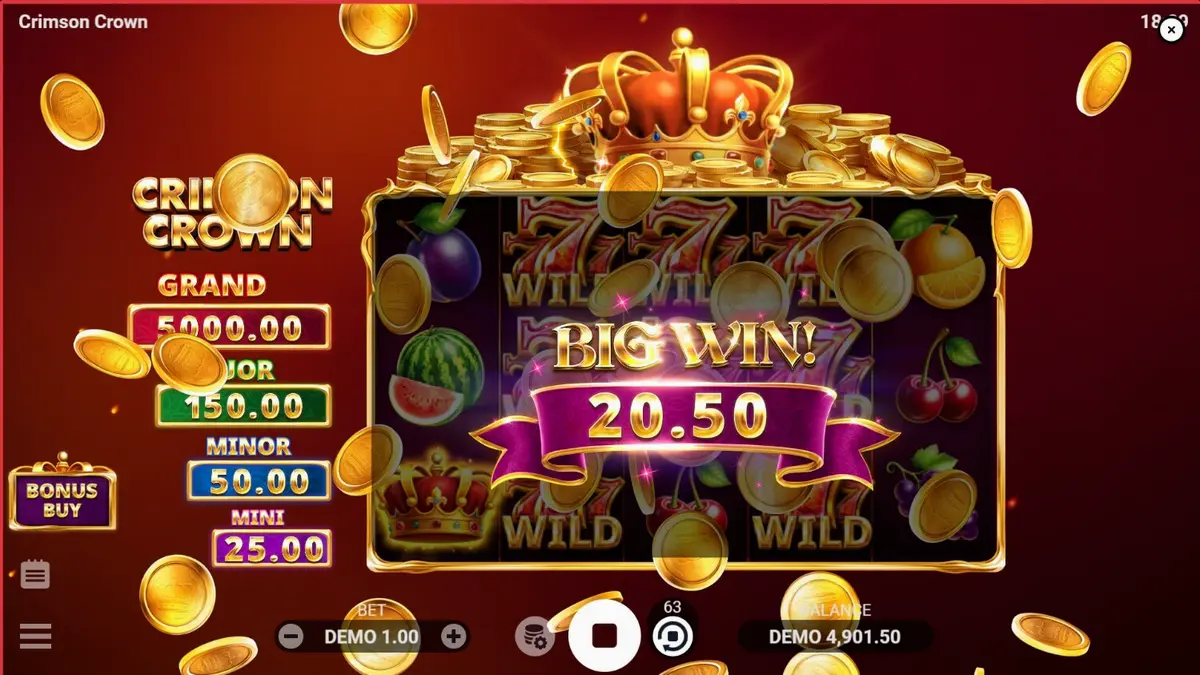 Tampilan visual slot Crimson Crown dengan tema buah dan mahkota emas