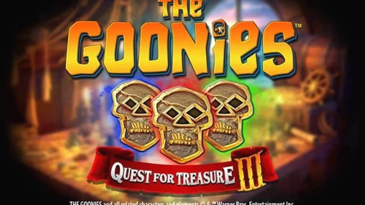 The Goonies Quest for Treasure 3 slot game interface featuring iconic movie characters and treasure map elements.